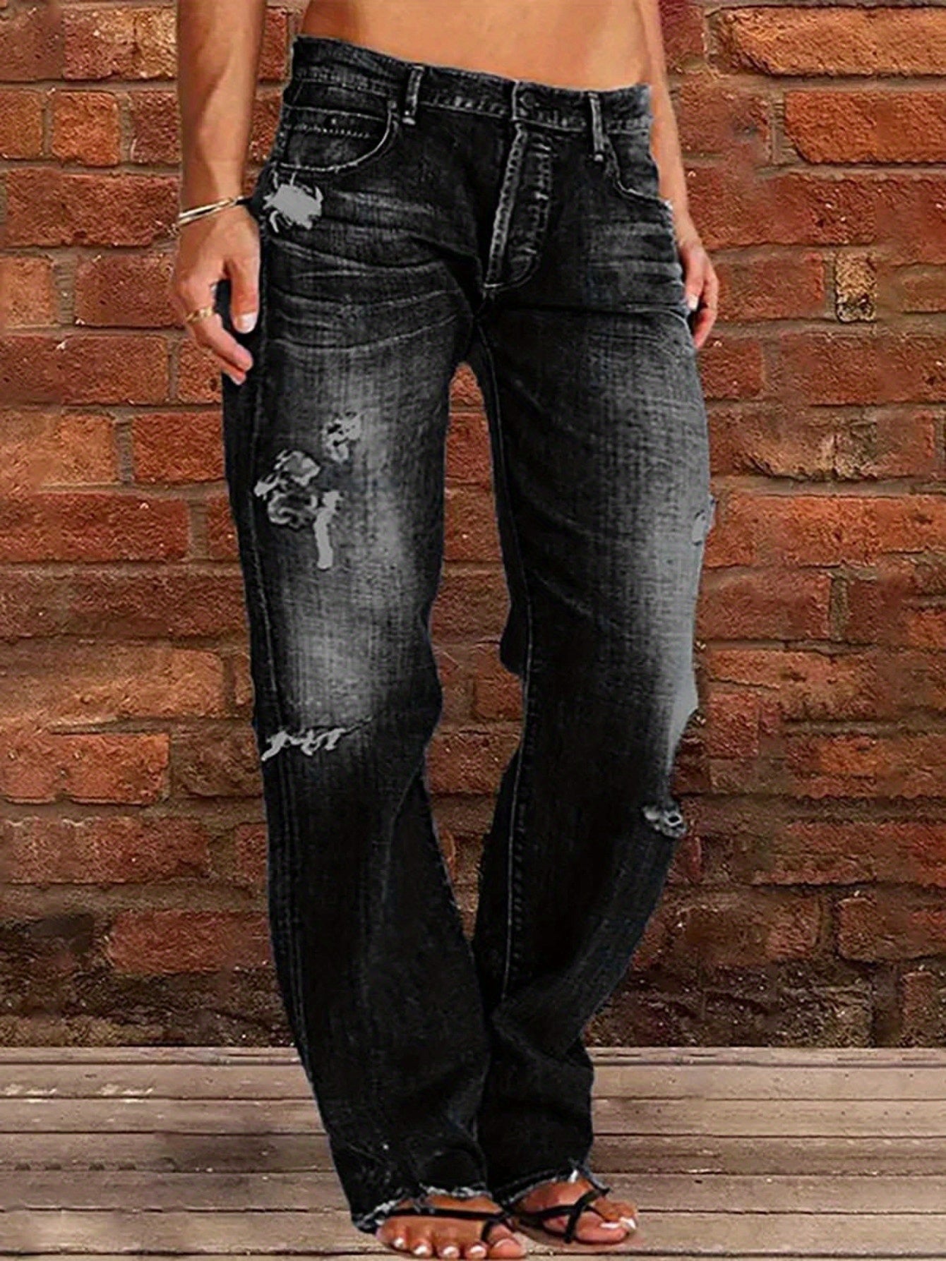 Women's Flare Jeans - Black Distressed Stretch detail view