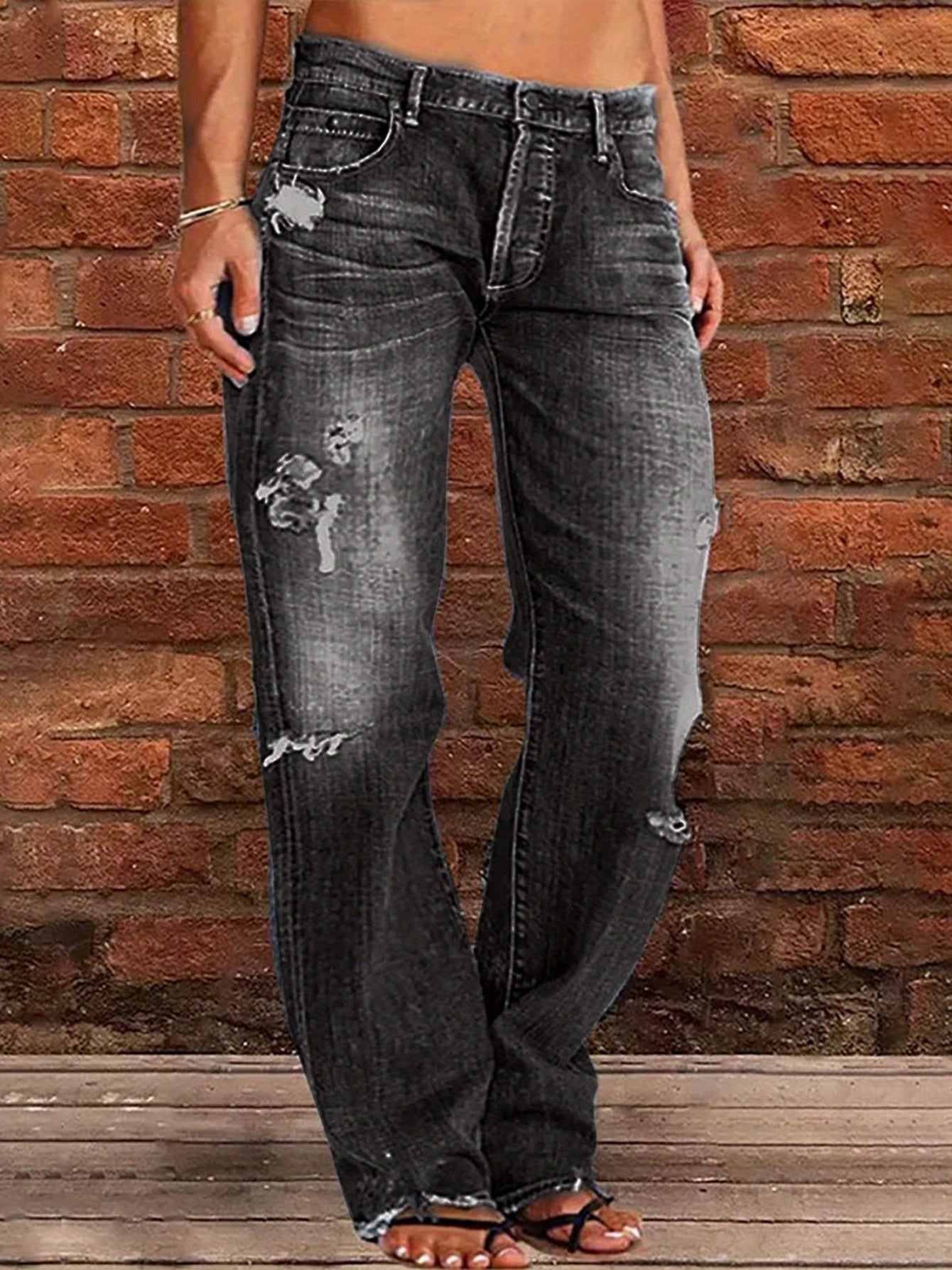 Women's Flare Jeans - Black Distressed Stretch detail view