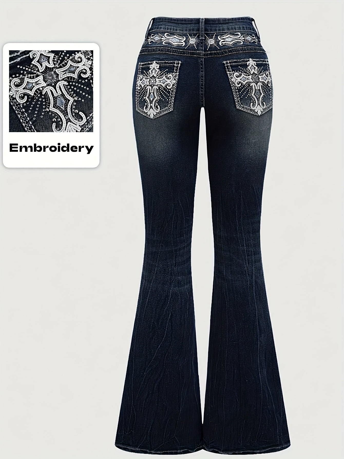Women's Flare Jeans - Black Embroidered detail view