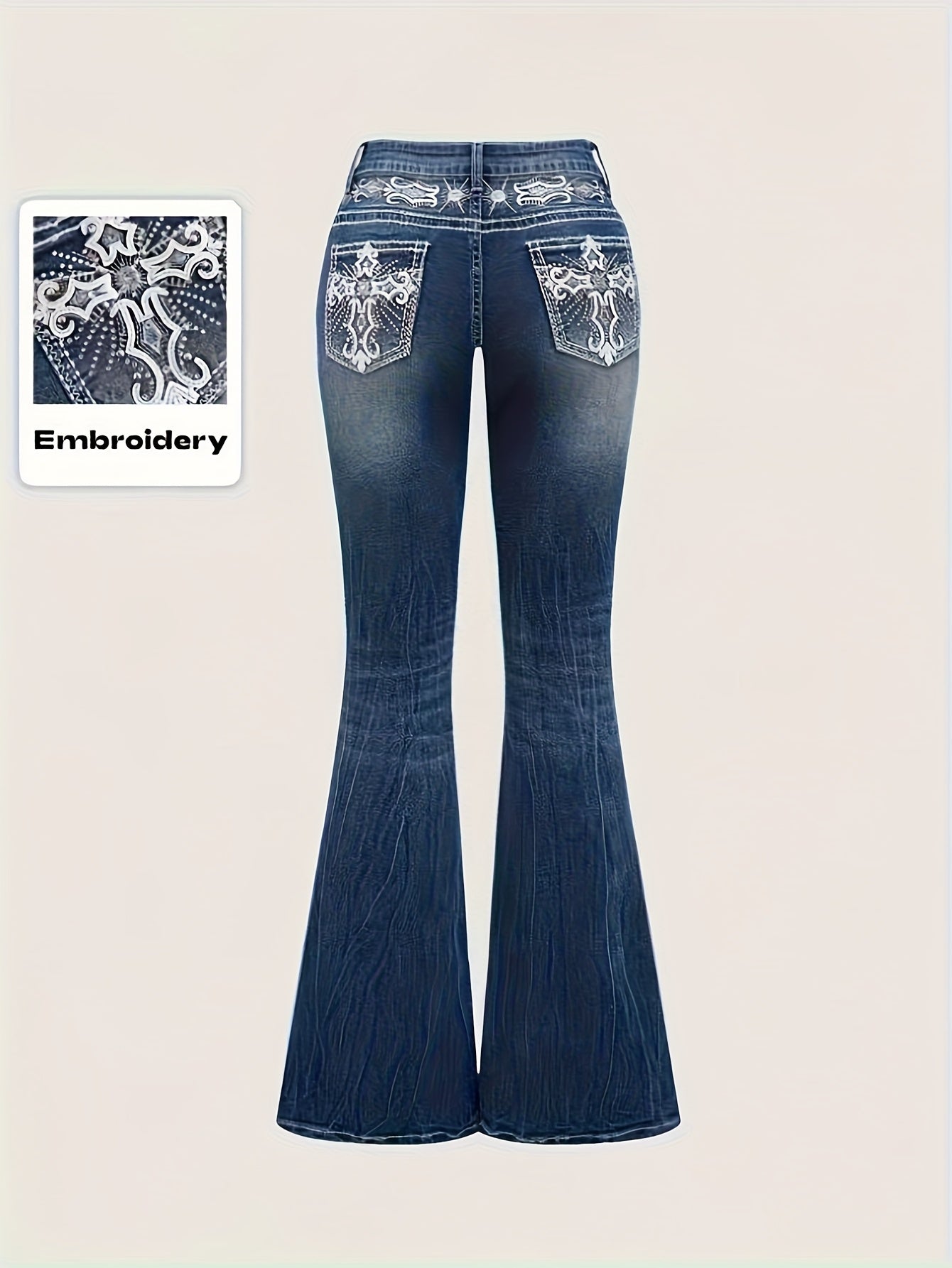 Women's Flare Jeans - Black Embroidered detail view