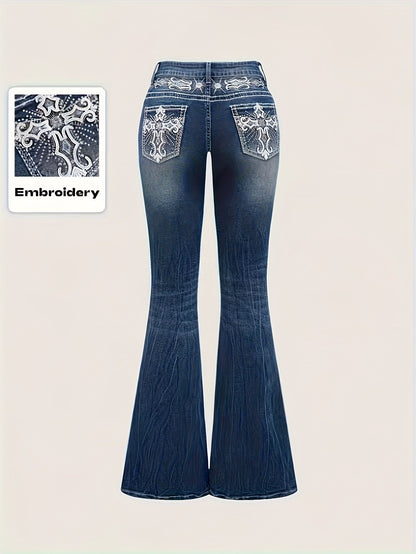 Women's Flare Jeans - Black Embroidered detail view