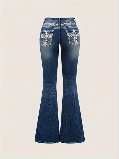 Women's Flare Jeans - Black Embroidered detail view