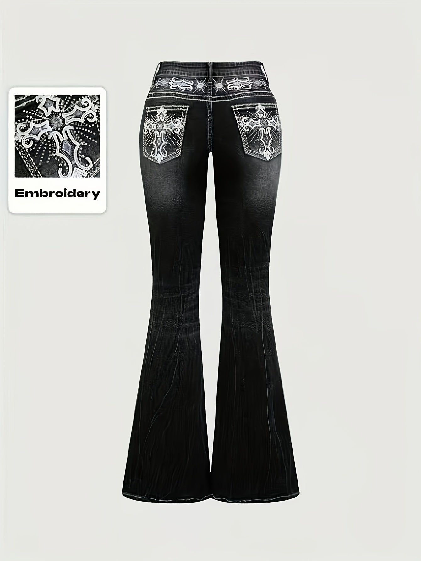 Women's Flare Jeans - Black Embroidered detail view