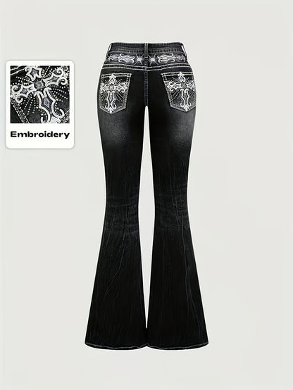 Women's Flare Jeans - Black Embroidered detail view