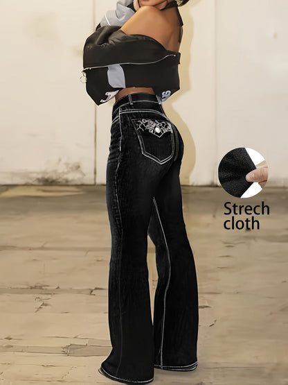Women's Flare Jeans - Black Embroidered Stretch detail view