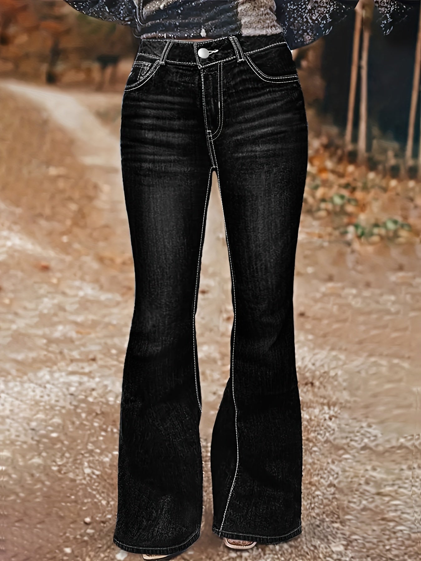 Women's Flare Jeans - Black Embroidered Stretch detail view