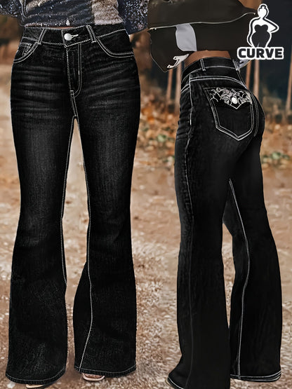 Women's Flare Jeans - Black Embroidered Stretch detail view
