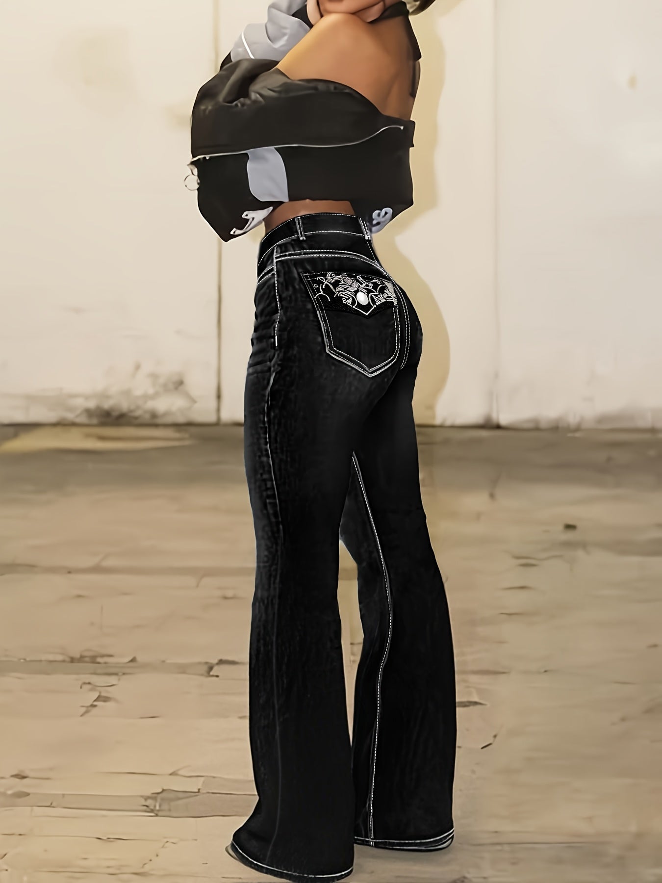 Women's Flare Jeans - Black Embroidered Stretch detail view
