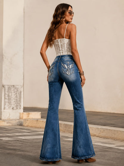 Women's Flare Jeans - Blue Embroidered Stretch detail view