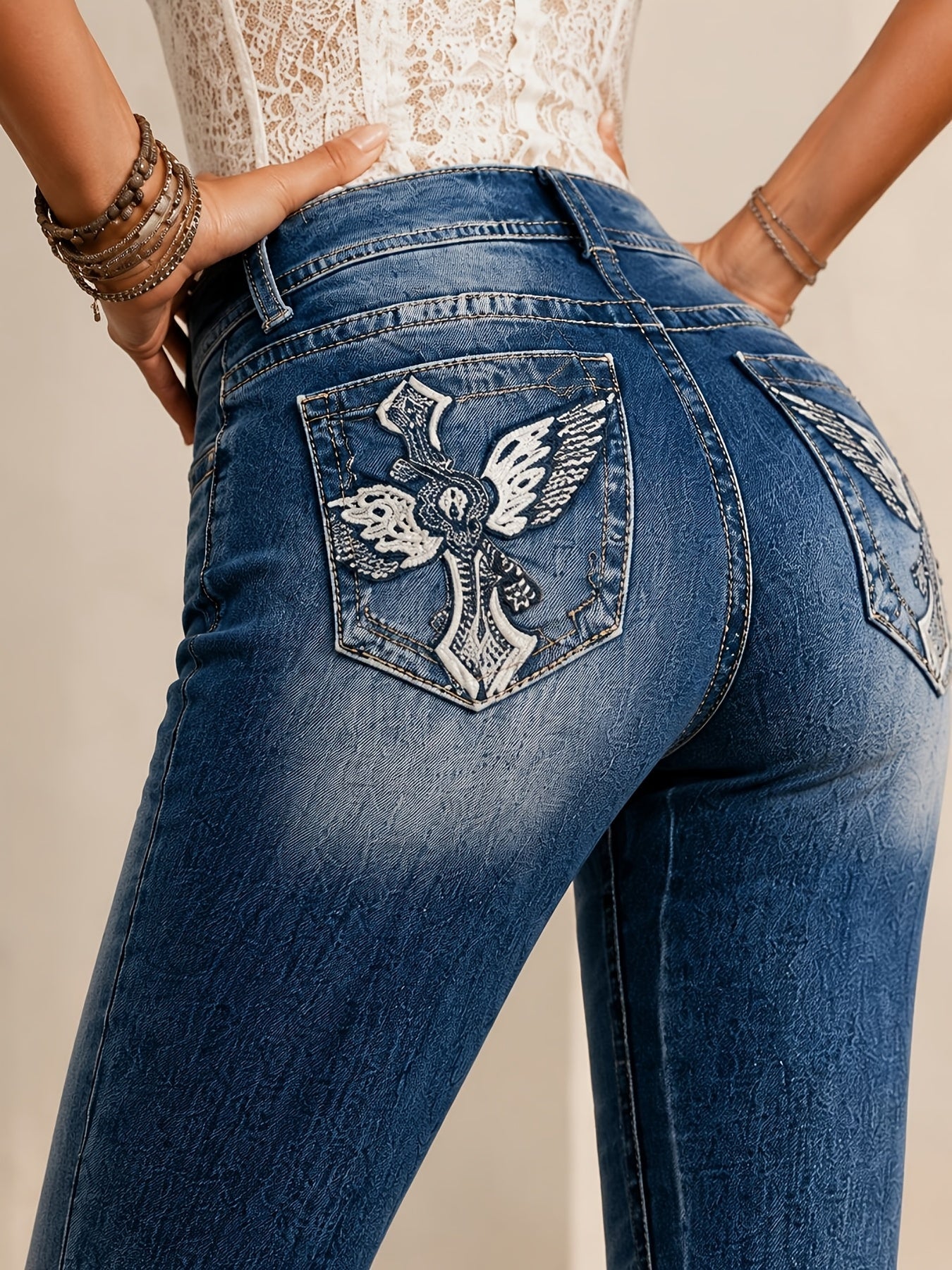 Women's Flare Jeans - Blue Embroidered Stretch detail view