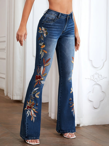Women's Flare Jeans - Dark Blue Embroidered detail view