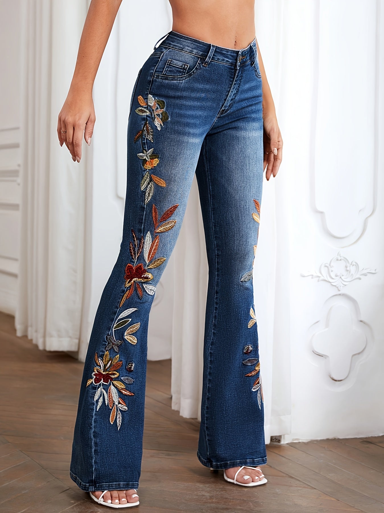 Women's Flare Jeans - Dark Blue Embroidered detail view