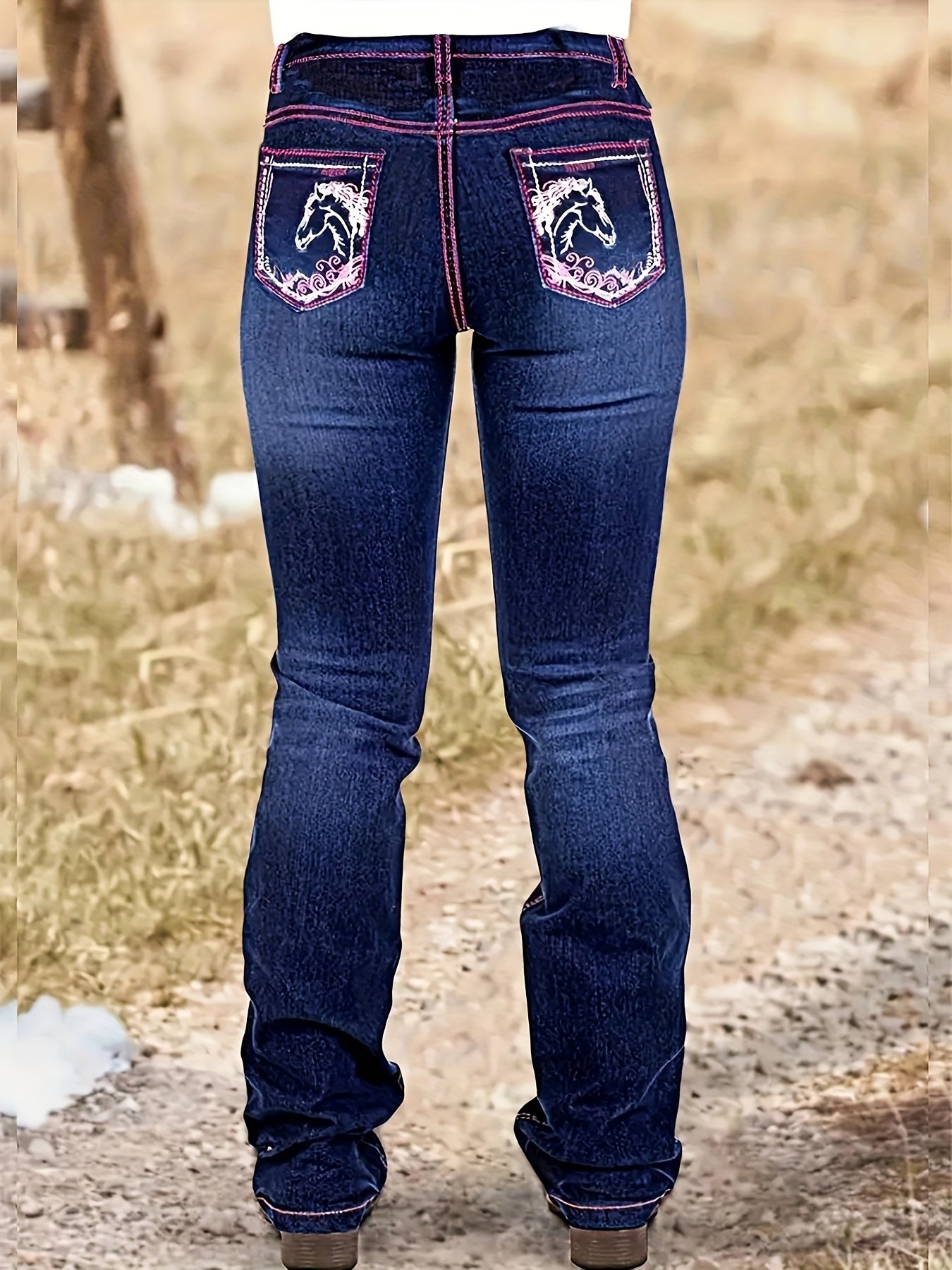 Women's Flare Jeans - Dark Blue Embroidered Stretch detail view