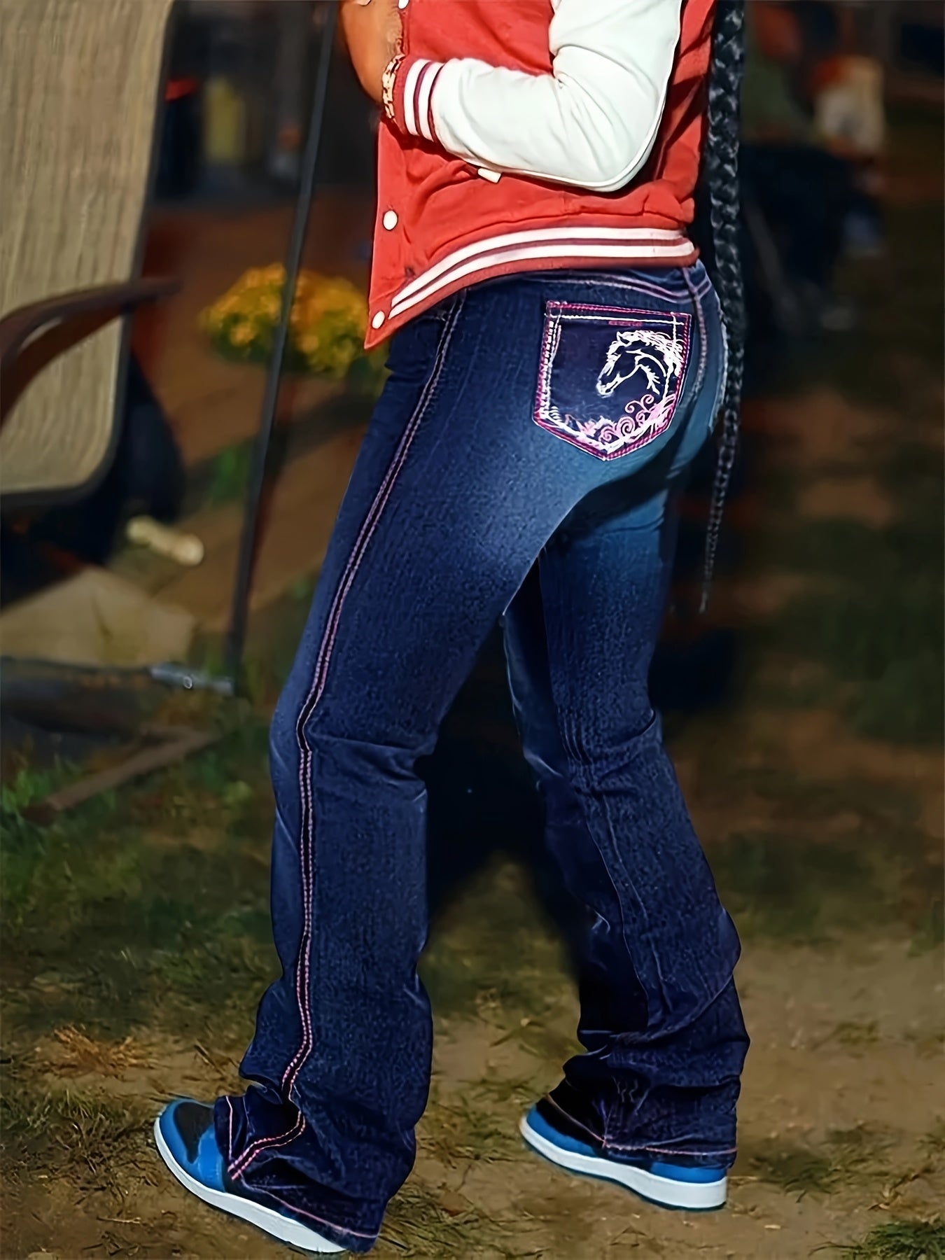 Women's Flare Jeans - Dark Blue Embroidered Stretch detail view