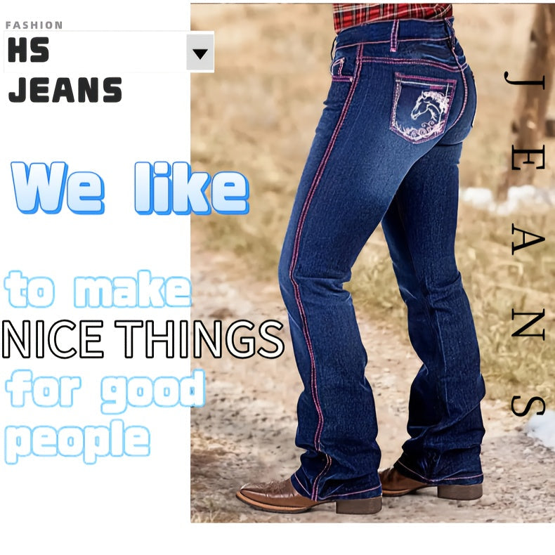 Women's Flare Jeans - Dark Blue Embroidered Stretch detail view