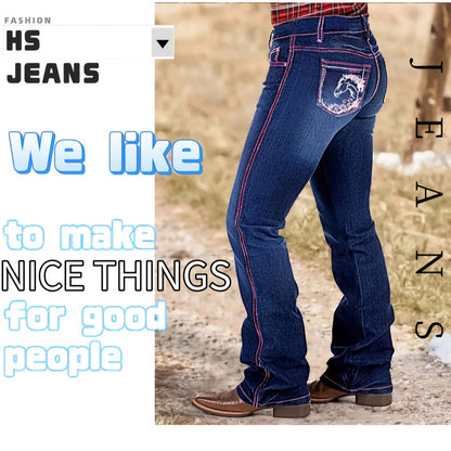 Women's Flare Jeans - Dark Blue Embroidered Stretch detail view
