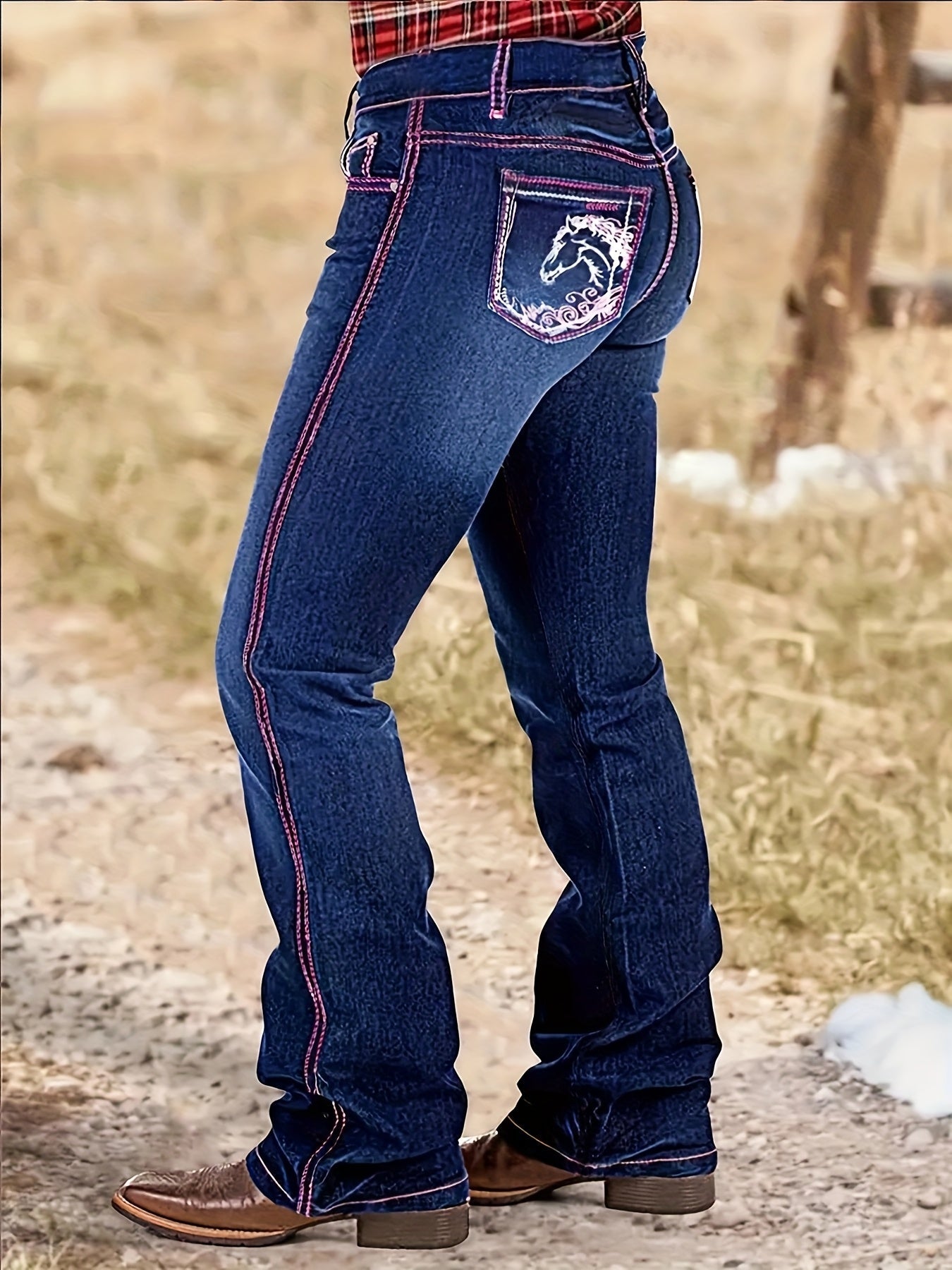 Women's Flare Jeans - Dark Blue Embroidered Stretch detail view