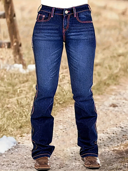 Women's Flare Jeans - Dark Blue Embroidered Stretch detail view