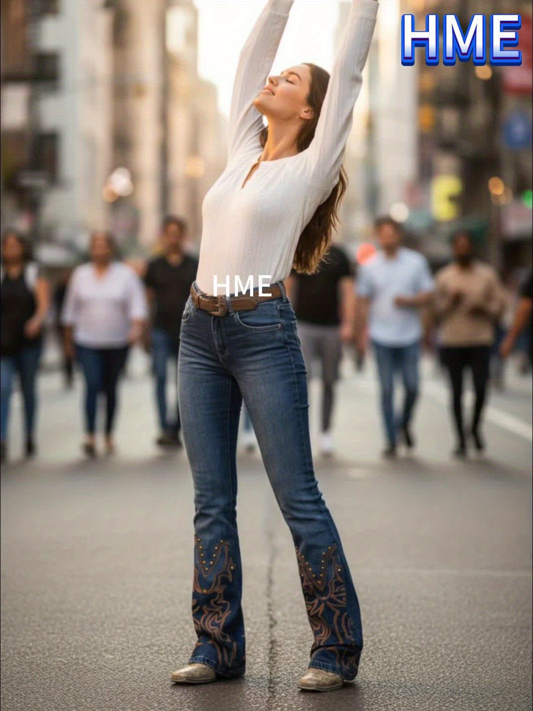 Women's Flare Jeans - Dark Blue Vintage Wash Stretch detail view