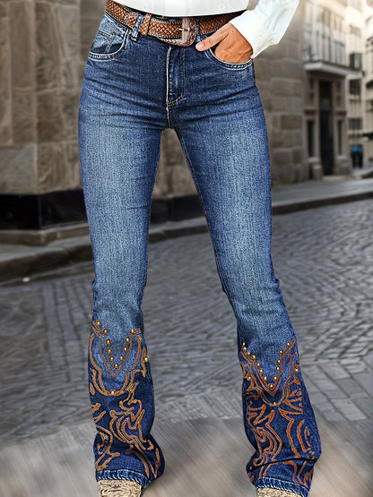 Women's Flare Jeans - Dark Blue Vintage Wash Stretch detail view
