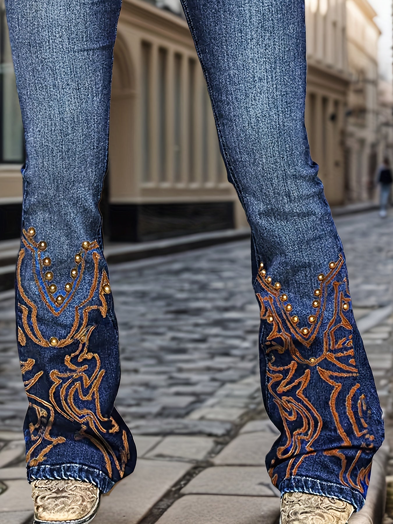 Women's Flare Jeans - Dark Blue Vintage Wash Stretch detail view