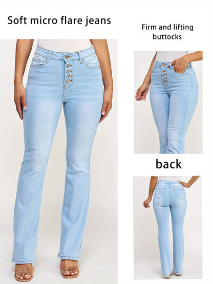 Women's Flare Jeans - Light Blue Button Detail detail view