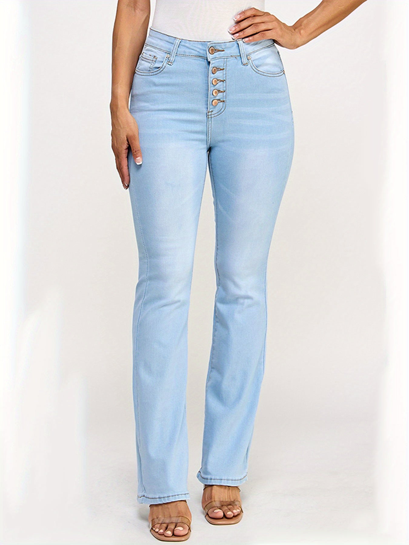Women's Flare Jeans - Light Blue Button Detail detail view