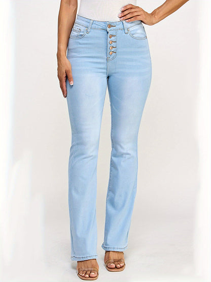 Women's Flare Jeans - Light Blue Button Detail detail view