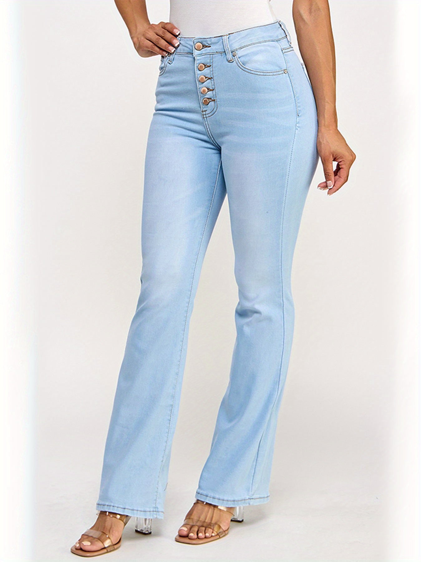 Women's Flare Jeans - Light Blue Button Detail detail view