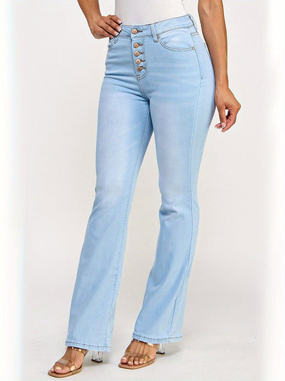 Women's Flare Jeans - Light Blue Button Detail detail view