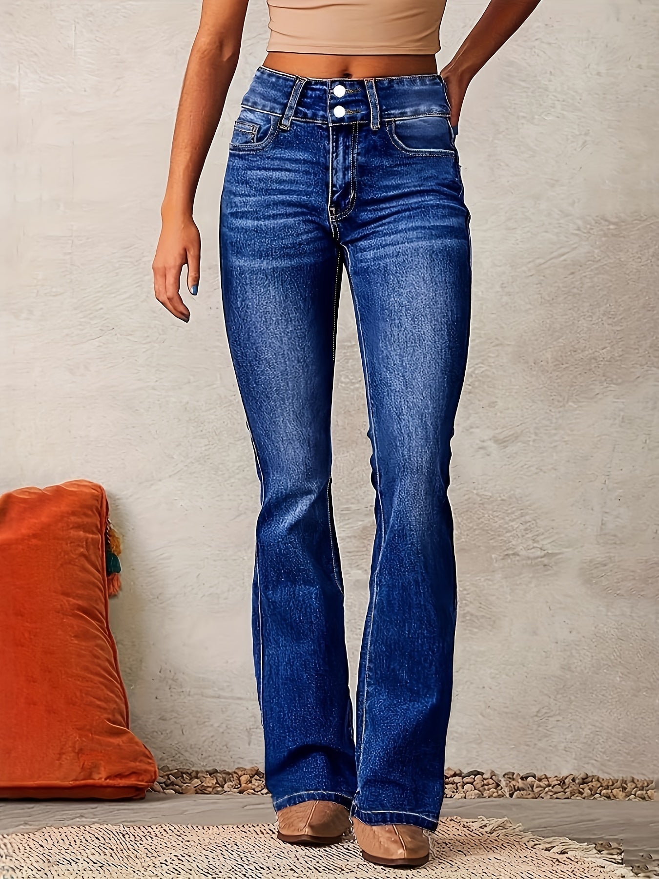 Women's Flare Jeans - Light Blue Button Detail Stretch detail view