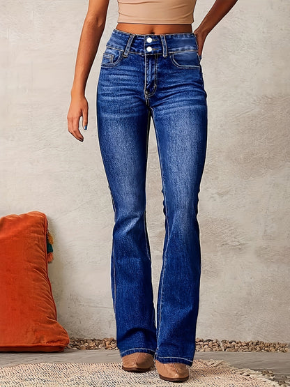Women's Flare Jeans - Light Blue Button Detail Stretch detail view