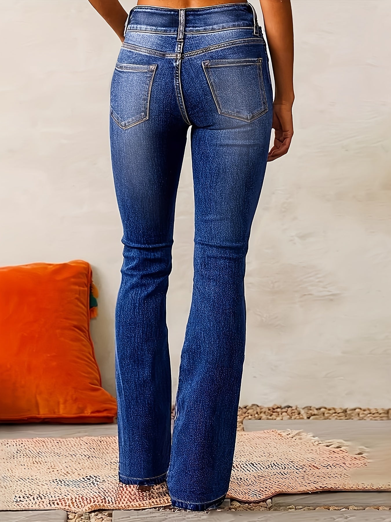 Women's Flare Jeans - Light Blue Button Detail Stretch detail view