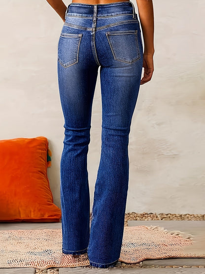 Women's Flare Jeans - Light Blue Button Detail Stretch detail view