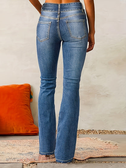 Women's Flare Jeans - Light Blue Button Detail Stretch detail view