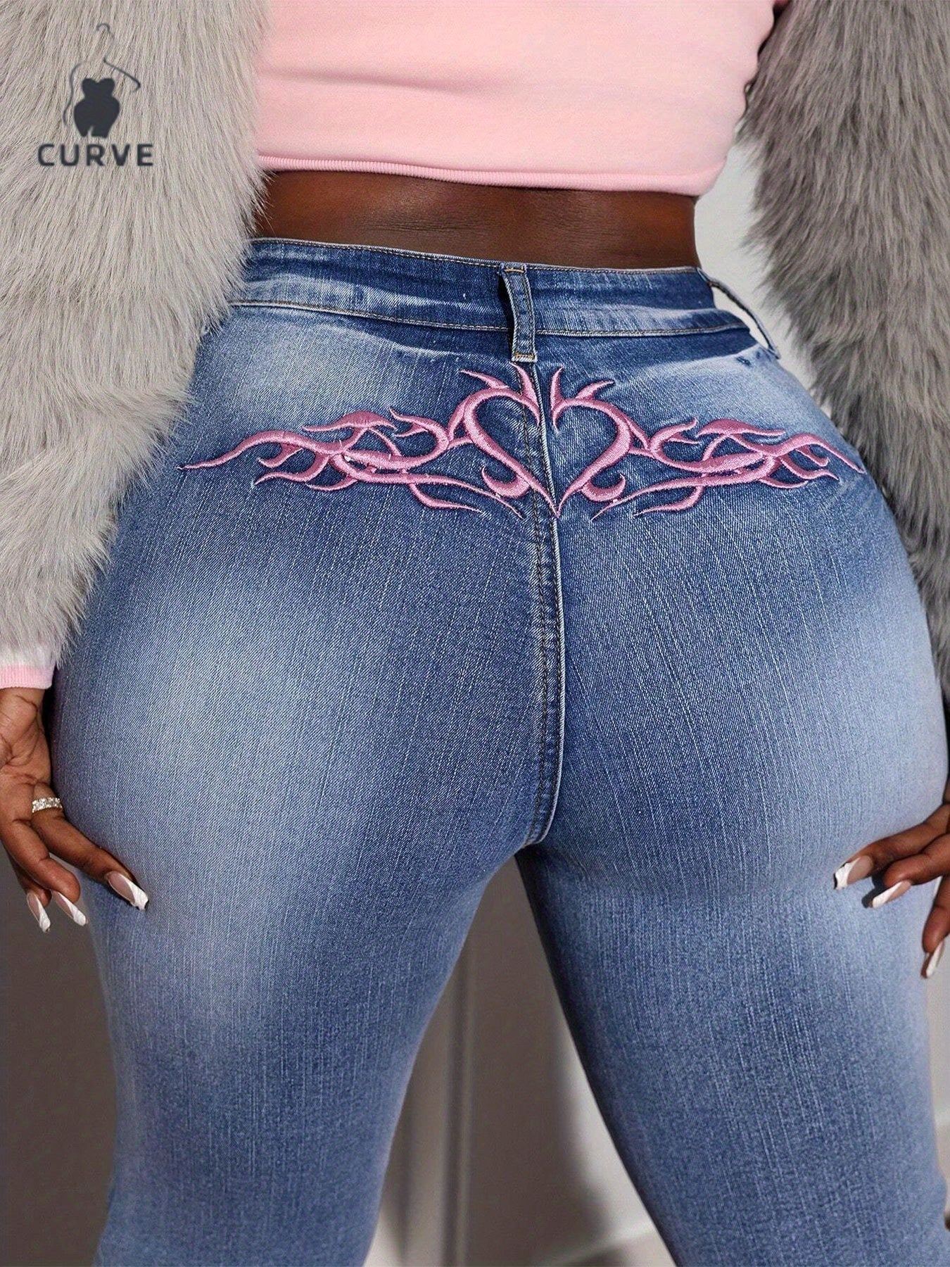 Women's Flare Jeans - Medium Blue Embroidered detail view