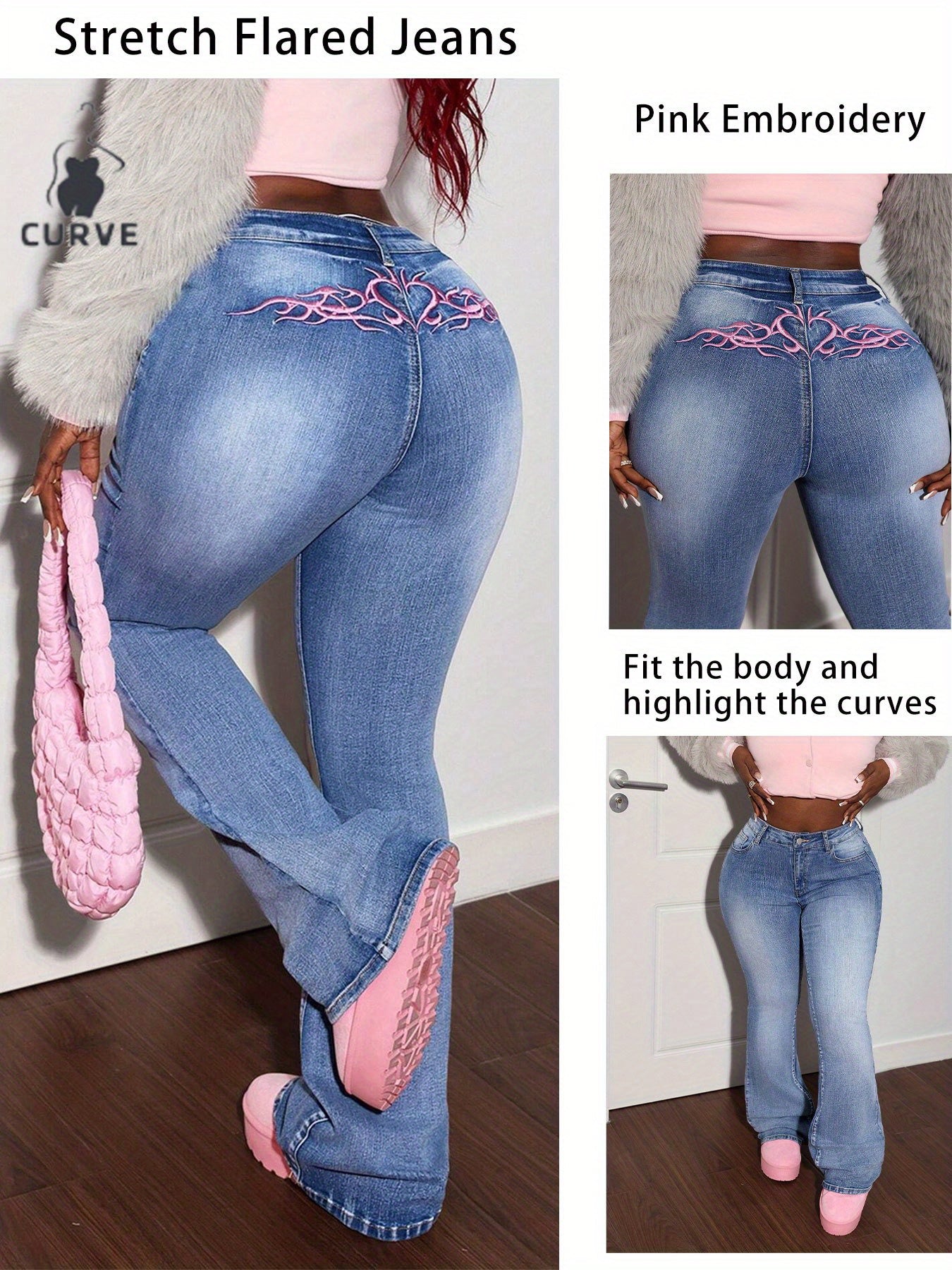 Women's Flare Jeans - Medium Blue Embroidered detail view