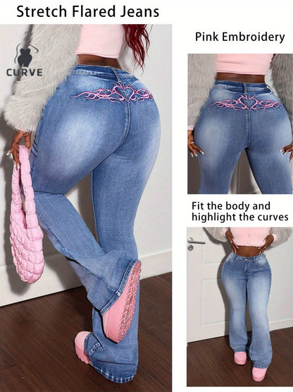 Women's Flare Jeans - Medium Blue Embroidered detail view