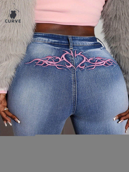 Women's Flare Jeans - Medium Blue Embroidered detail view