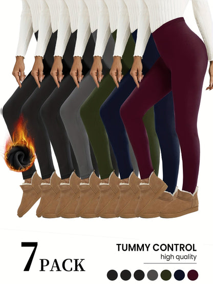 Women's Fleece-Lined Leggings - 7-Pack Elastic Waist – Black option – main product image