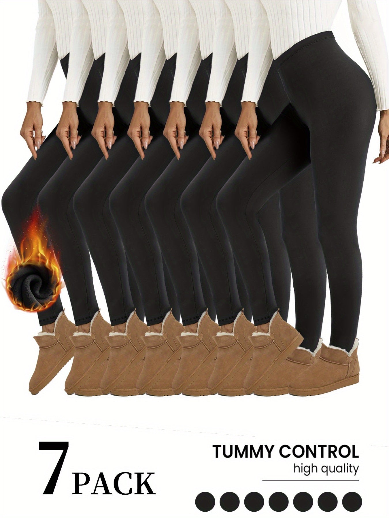 Women's Fleece-Lined Leggings - 7-Pack Elastic Waist – Black option – view 2