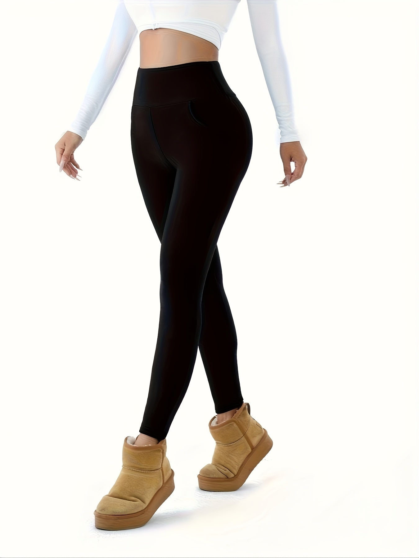 Women's Fleece-Lined Leggings - High-Waist Fit – Burgundy detail view