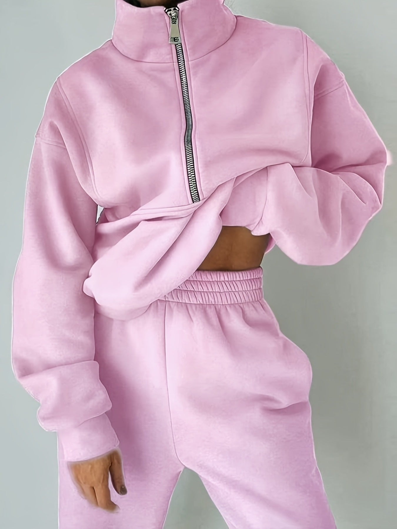 Women's Fleece Sweatshirt Outfit Set - Sporty Streetwear Two-Piece detail view