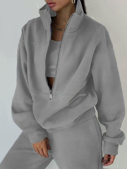 Women's Fleece Sweatshirt Outfit Set - Sporty Streetwear Two-Piece detail view