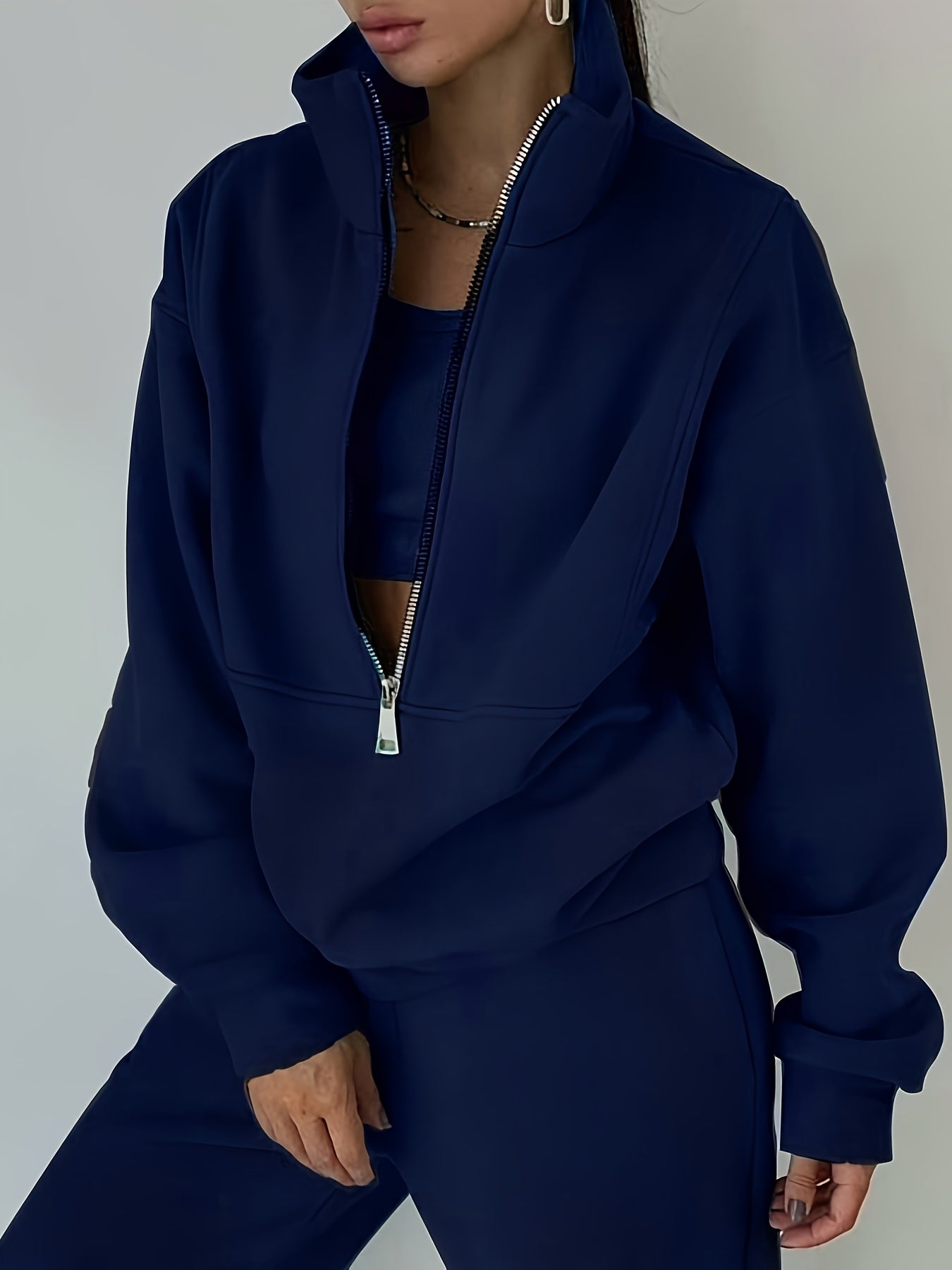 Women's Fleece Sweatshirt Outfit Set - Sporty Streetwear Two-Piece detail view