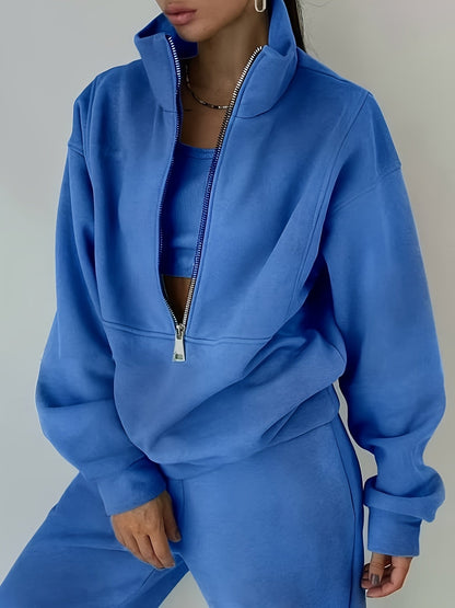 Women's Fleece Sweatshirt Outfit Set - Sporty Streetwear Two-Piece detail view