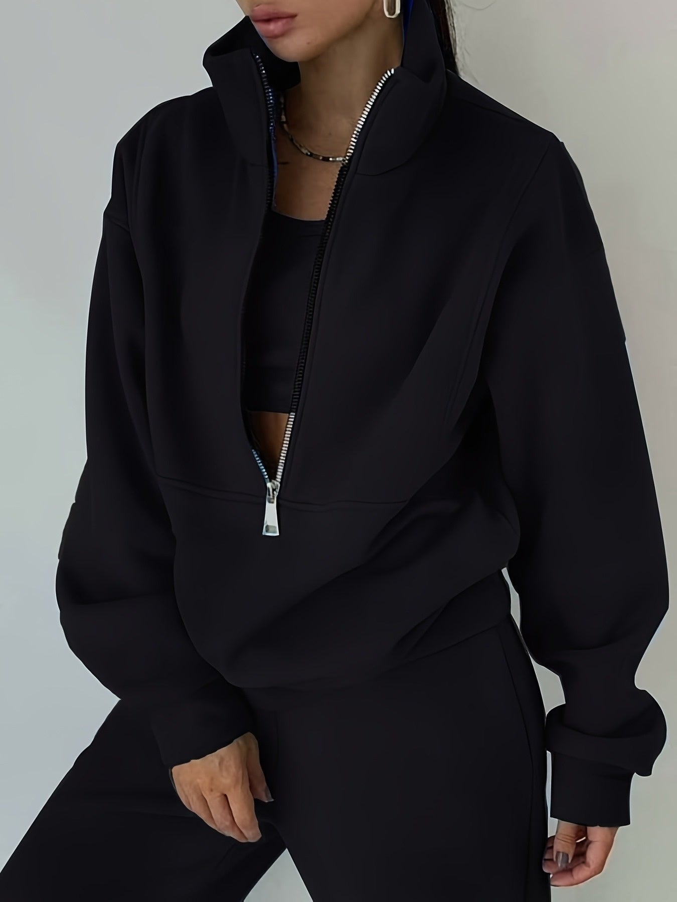 Women's Fleece Sweatshirt Outfit Set - Sporty Streetwear Two-Piece detail view