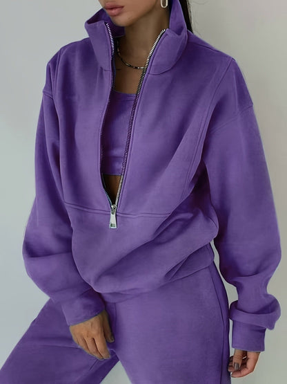 Women's Fleece Sweatshirt Outfit Set - Sporty Streetwear Two-Piece detail view