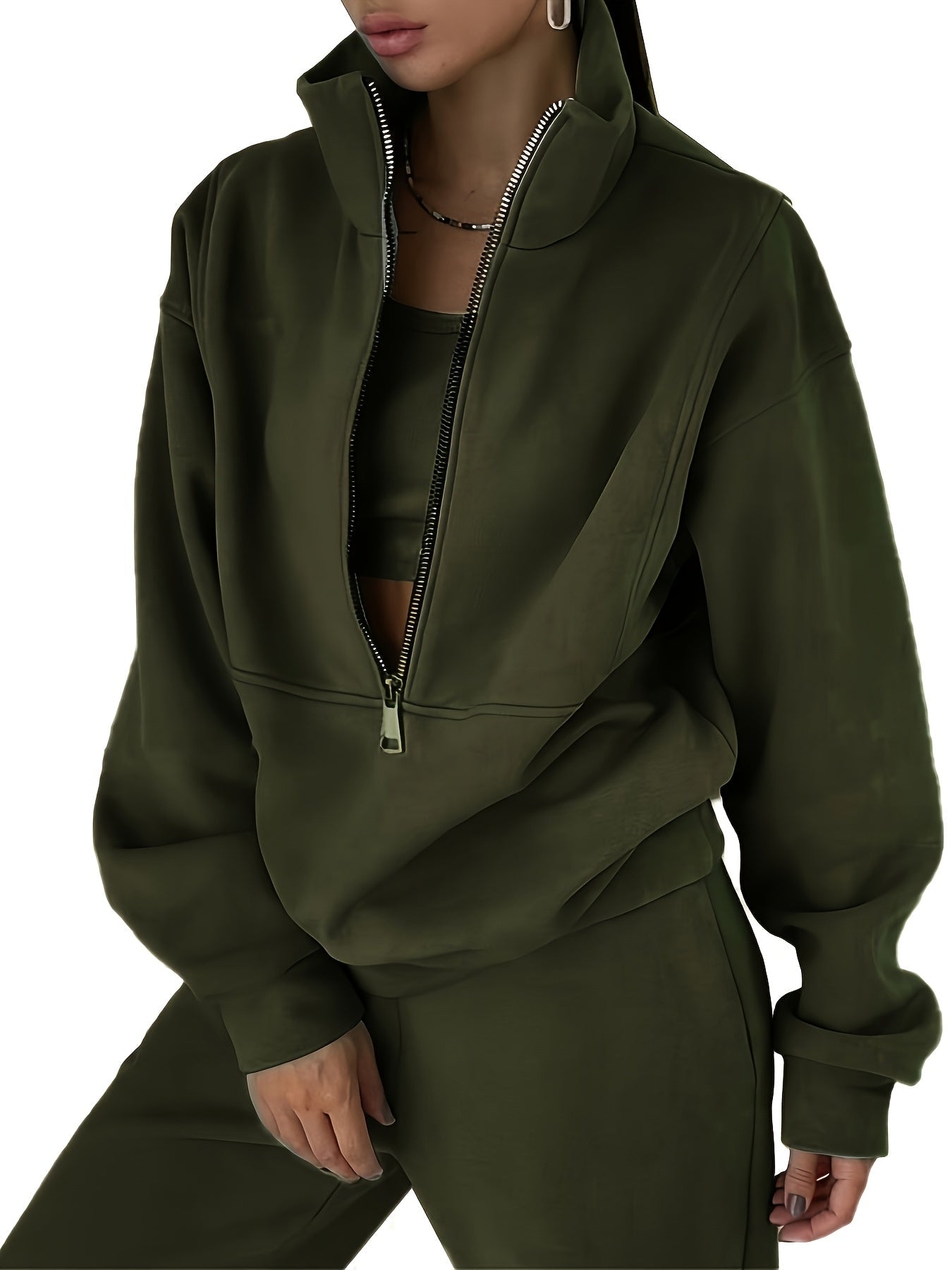 Women's Fleece Sweatshirt Outfit Set - Sporty Streetwear Two-Piece detail view