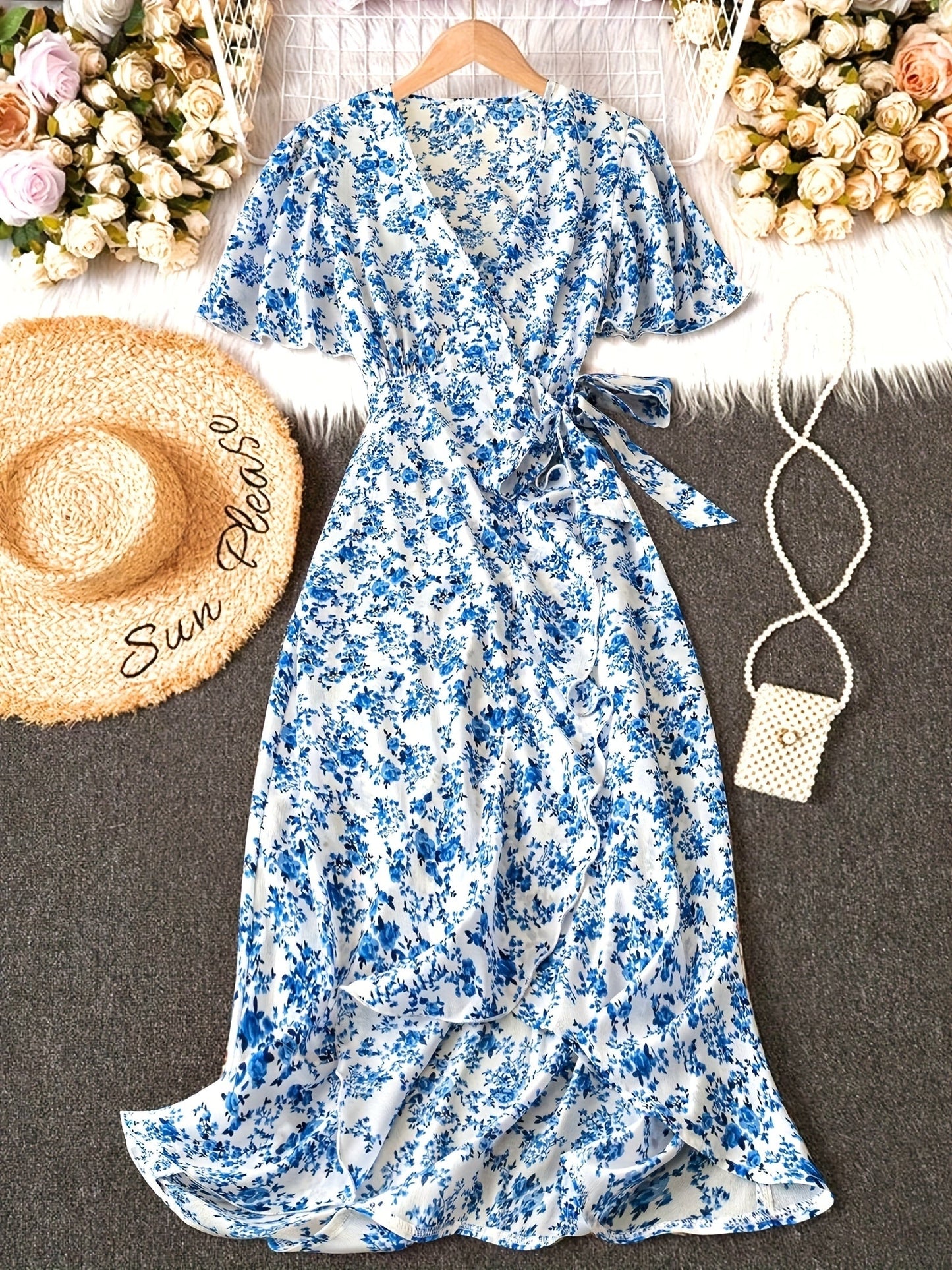Women's Floral Casual Dress - Ruffle – Blue option – view 2